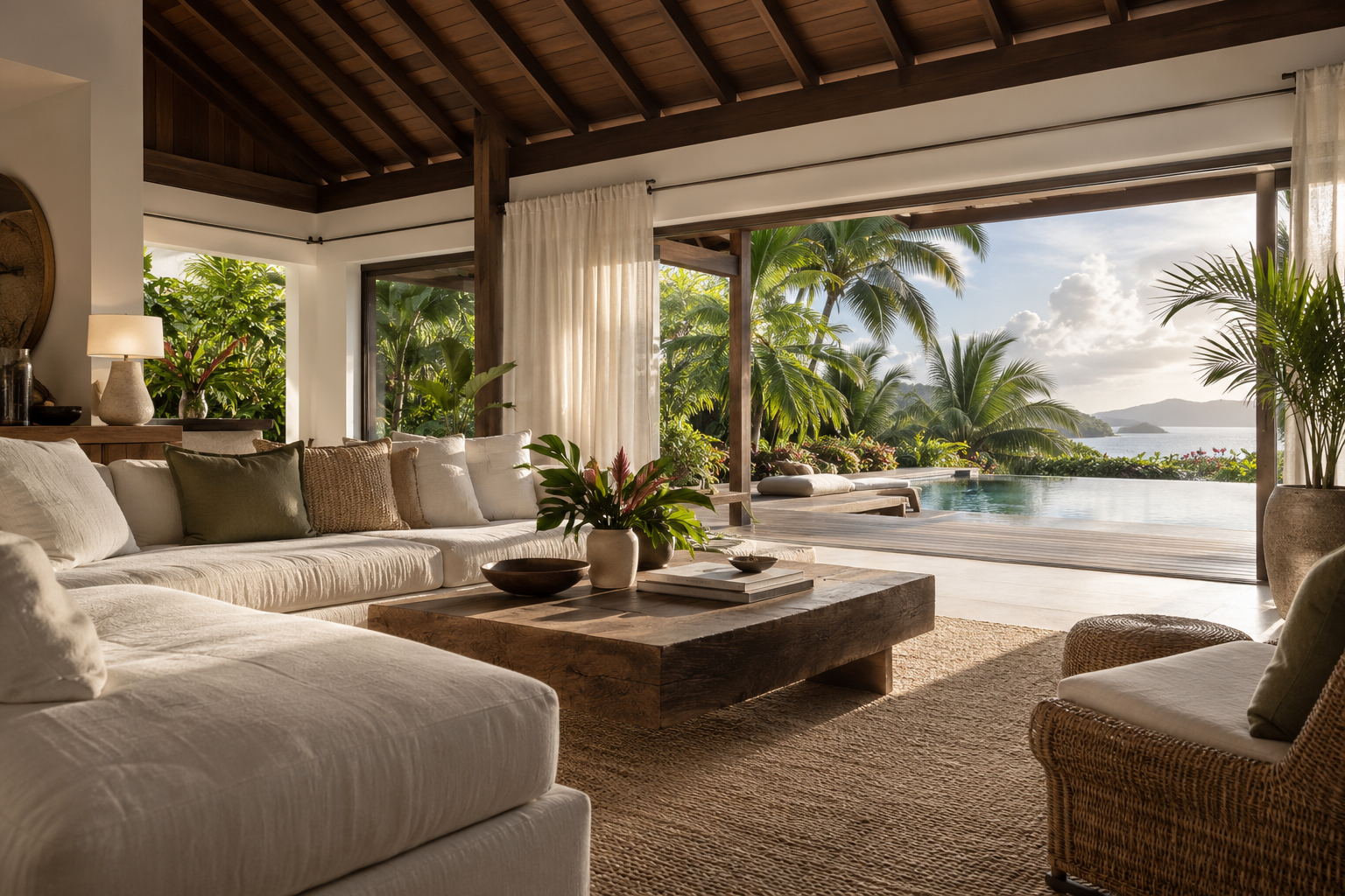 Illustration d’un intérieur de villa ouvert sur un jardin tropical